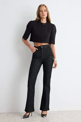 TRENDYOLMİLLA Siyah Orta Esnek Dikiş Detaylı Yüksek Bel Flare Jeans TWOAW27JE00058