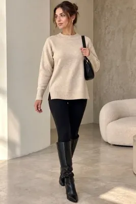bb butik basic Kadın Triko Kazak Bisiklet Yaka Yırtmaçlı Rahat Kesim MY3535
