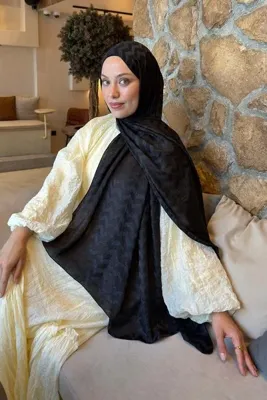 lamelif Zikzak Desen Ayrobin Floş Jakar Şal Siyah