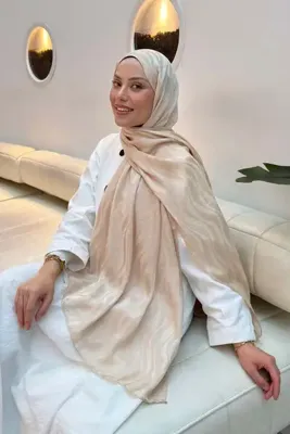 lamelif Shine Desen Ayrobin Floş Jakar Şal Bej