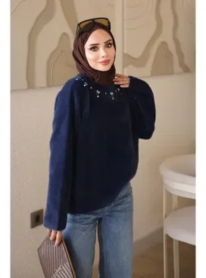 İmajButik Lacivert Bisiklet Yaka Taşlı Angora Yumoş Triko Kazak