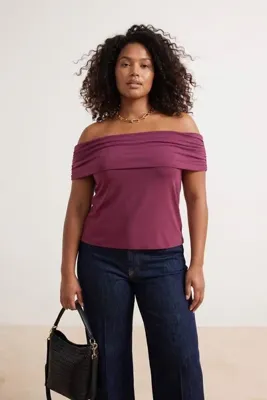 Trendyol Curve Mürdüm Carmen Yaka Tül Örme Büyük Beden Bluz TBBSS25AF00031