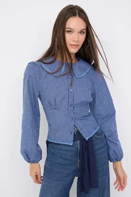 TRENDYOLMİLLA Teen Bebe Yaka Detaylı Kareli Bele Oturan Mavi Gömlek TWOAW26GO00059