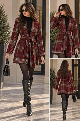 arvensolin Ekoseli Kırmızı Vintage Ceket