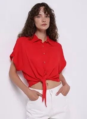 Colins Regular Fit Shirt Neck Düz Kadın Kirmizi Kısa Kol Gömlek