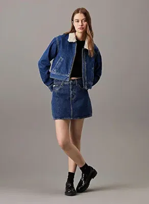 Calvin Klein Jeans Koyu Mavi Kadın Gömlek Düz Denim Ceket DENIM ZIP JACKET SHERPA