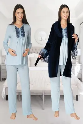Effort Pijama Kadın Lacivert Kadife Sabahlıklı Lohusa Hamile Mavi Pijama Takımı 8088