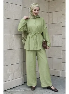 InStyle Nervürlü Tunik-Pantolon Fıstık Yeşili Takım