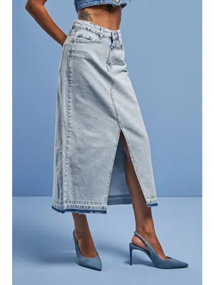 It's Basic Kadın Snow Jean Rengi Derin Yırtmaçlı Yüksek Bel Uzun Denim Etek