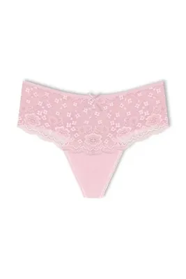 HNX Pembe Pamuklu Ön Dantel Yüksek Bel Büyük Beden Tanga Kadın Külot