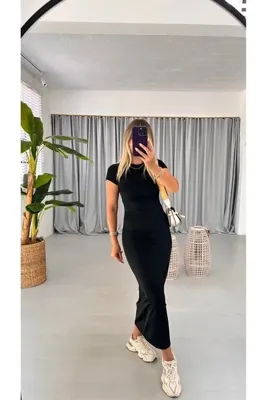 MaxiMor Kadın Siyah Renk Bisiklet Yaka Kısa Kol Fitilli Kaşkorse Kumaş Kalem Elbise