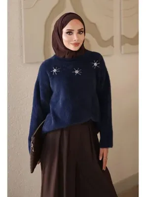 İmajButik Lacivert Bisiklet Yaka Taşlı Angora Yumoş Triko Kazak