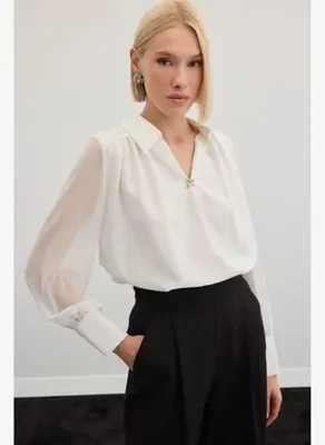 Sateen Aksesuarlı Salaş Bluz - Ekru