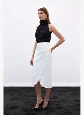 Sateen Düğme Detaylı Kalem Etek - Ekru