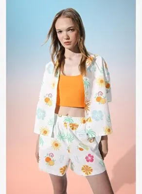 Defacto Coool Oversize Geniş Kalıp Desenli Pijama Yaka Kısa Kollu Gömlek