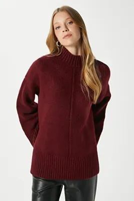 Ritnice Kadın Wonder Yumuşacık Dik Yaka Bordo Yırtmaçlı Oversize Triko Kazak