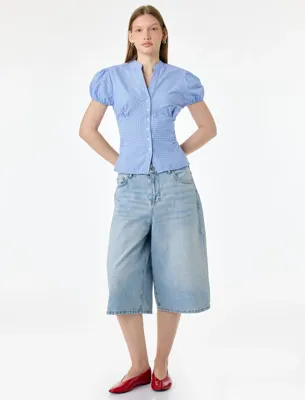 Koton Pamuklu Slim Fit Poplin Balon Kollu V Yaka Gömlek