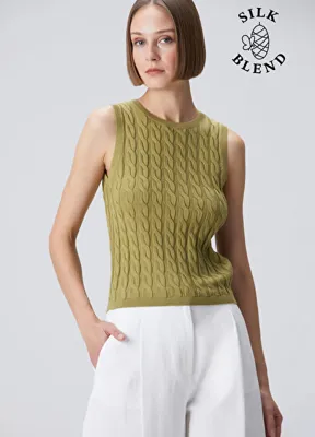 Beymen Collection Yağ Yeşili İpek Karışımlı Saç Örgü Triko Yelek