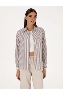 Pierre Cardin Kahverengi Çizgili Comfort Fit Uzun Kollu Gömlek 50318226-VR029