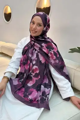lamelif Batik Çiçek Desen Bambu Şal Mürdüm