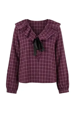 TRENDYOLMİLLA Bordo Ekose Desen Grogren Fiyonk Detaylı Dokuma Bluz TWOAW27BZ00421