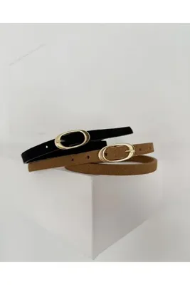 coaksco Kadın Süet Taba&Siyah 2'li Set Kemer