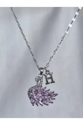 bijoux uniques 316L çelik aynalı zincir pembe zirkon taşlı H harfli kuğu kolye