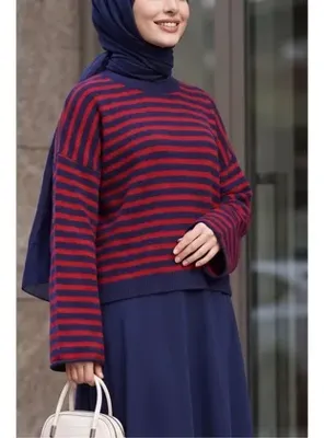 Podyumplus İnce Çizgili Oversize Triko Kazak -Lacivert