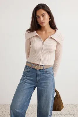 TRENDYOLMİLLA Taş Devrik Yaka Çift Fermuarlı Crop Triko Hırka TWOAW26HI00282