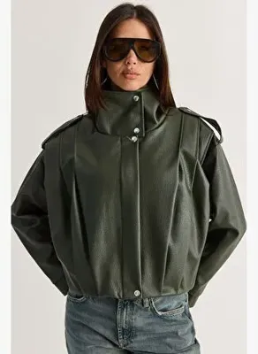 Shade Kadın Astarlı Dik Yaka Omuz Apoletli Çıtçıt Kapamalı Oversize Suni Deri Ceket 2838 60286593 - Haki