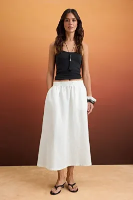 TRENDYOLMİLLA Beyaz %100 Keten Beli Lastikli Midi Etek  Etek TWOSS26ET00043