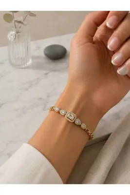 Bymiel Kadın Gold Renk Baget ve Damla Zirkon Taşlı Bileklik – 316L Paslanmaz Çelik