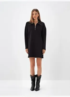 Xint Siyah Pamuk Dokulu Oversize Elbise
