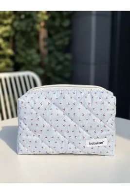 Batekso Mavi Çıtır Kiraz Desenli Makyaj Çantası - Küçük Boy