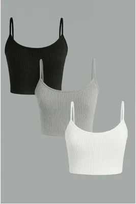 Lorya Giyim Kadın 3'lü Paket İNCE ASKILI Fitilli Crop Basıc ATLET bluz