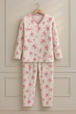 nacar çarşı Kadın Anne Uzun Kollu Pembe Çiçek Desenli Penye Pijama Takımı