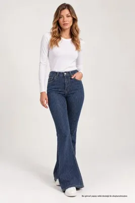 Rhen Store Lacivert Sim Çizgili İspanyol Paça Jean