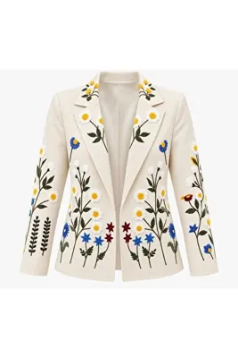 Burcia Keten Nakışlı Tasarım Blazer Ceket
