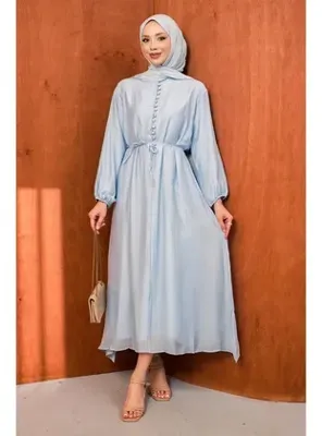 İmaj Butik Bebe Mavi Astarlı Düğmeli Bel Bağlamalı Elbise