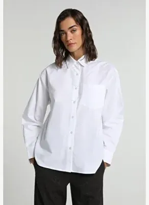 Colins Boyfriend Fit Shirt Neck Düz Kadın Beyaz Uzun Kol Gömlek