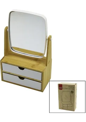 Futax 2 ÇEKMECELİ BAMBU AHŞAP STANDLI=9X9.9X17.8X21.5CM MAKYAJ AYNASI=15X18CM TAKILIK 1+1 ORGANİZER (5690)