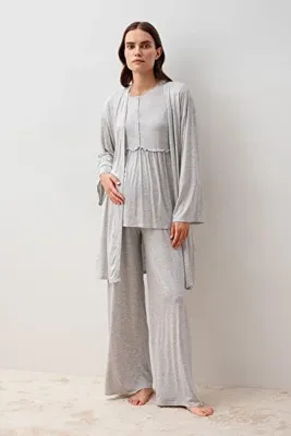 Artış Uzun Kollu Likralı Viskoz Hamile Sabahlık Pijama Takım