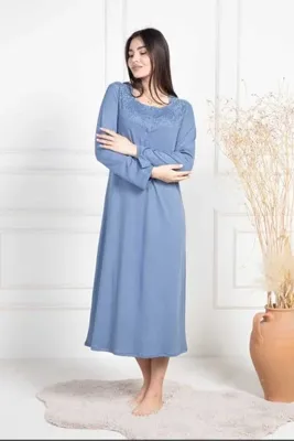 Mecit Pijama Uzun Kollu Düğme Yakalı Battal Beden Pamuklu Kadın Gecelik