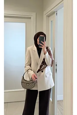 Merve Gültekin Premium Kruvaze Astarlı Blazer Ceket Taş