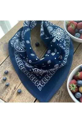 ALS Tasarım Dünyası Lacivert Renk %100 Koton Retro Desenli Çok Amaçlı Bandana