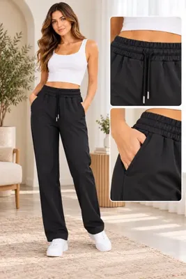 AQE FASHION Kadın Yüksek Bel Beli Lastikli Su Geçirmez İçi Peluşlu Çift Cepli Ayarlabilir Bağcıklı Düz Paça Rahat Kalıp Esnek Şık Günlük Siyah Pantolon