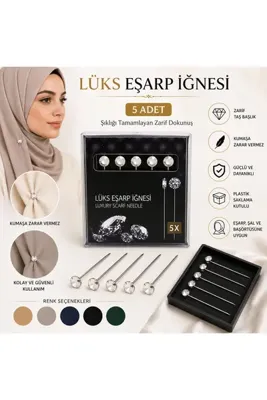 lawrenceshop 5 Adet Beyaz Taş Başlıklı Eşarp İğnesi Plastik Kutulu Şal Başörtüsü Sabitleme İğnesi