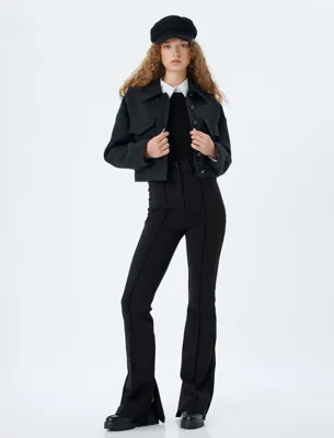 Koton İspanyol Paça Pantolon Nervürlü Düğmeli İnterlok Çelik Kumaş Slim Fit