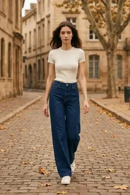 we-rayss Alyona Wide Leg Likralı Yüksel Bel Kadın Lacivert Renk Jeans&Kot Pantolon