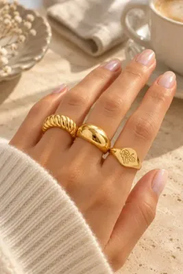 Ervalina 3'lü Kadın Gold Desenli Yüzük Seti